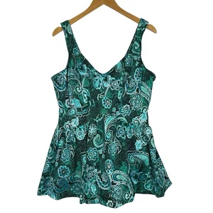 Maxine Swimsuit Womens 26W Blue Green Paisley Skirted One Piece Swimwear Plus - Picture 1 of 14