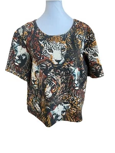 H&M BIG CATS Lion Leopard Tiger Print Boxy Scuba Top Shirt Size Large - Picture 1 of 9
