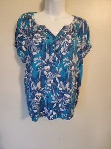Blusa Top Laura Scott Azul Floral Plisada Manga Arrugada Talla L - Imagen 1 de 5