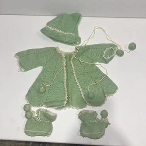 Vintage 1950’s Crochet Baby Cardigan, Booties, Bonnet Hand knitted Green - Picture 1 of 15
