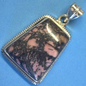 P587B Sterling Silver Rhodonite Pendant Charm 1.75" Trapezoid Cabochon Solid 925 - Picture 1 of 6