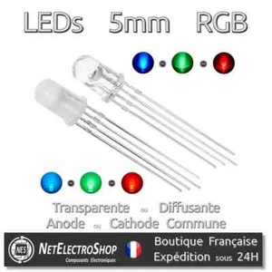 LEDs 5mm RGB RVB Rouge Vert Bleu, Anode Cathode Commune, Transparent Diffusant - Imagen 1 de 1