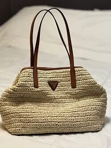 Guess Women's Vikky Straw Tote Bag Large, Detachable Pouch, Cognac Leather - New - Picture 1 of 12