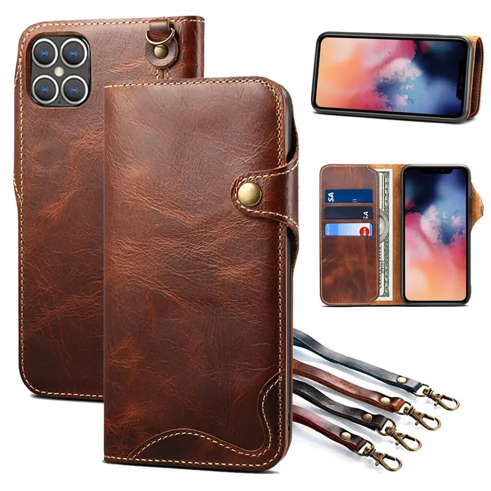 For iPhone 17 16e Pro Max 15 14 13 12 Real Cowhide Leather Flip Wallet Card Case - image 1 of 4