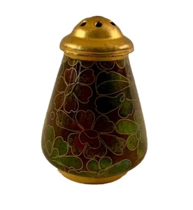 Chinese Enamel Cloisonne Salt Shaker Green Maroon Gold Brass Tops Vintage 80s - Picture 1 of 10