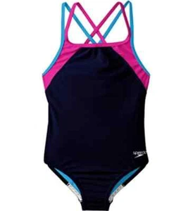 Speedo Big Girls Navy Cross Back Splice One Piece Swimsuit Size 16 L112312 - Picture 1 of 2