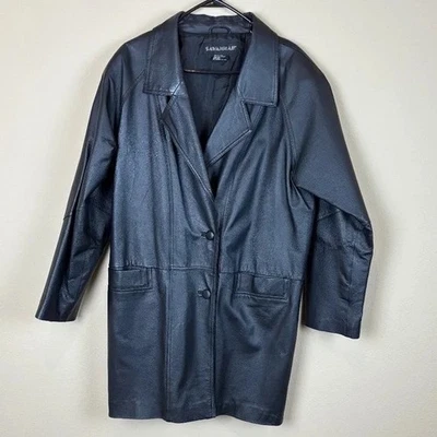 Savannah Vintage Black Leather Lined Midi Trench Coat; Women's Size Large - Image 1 of 4