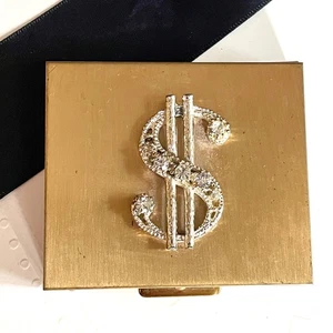 2.75" Gold Metal Box Mid Century Compact Dollar Sign Rhinestones Machined Design - Picture 1 of 4