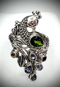 Bali Legacy Chrome Diopside and Multi Gemstone Peacock Ring In 925 SS 1.85 Ctw - Picture 1 of 13