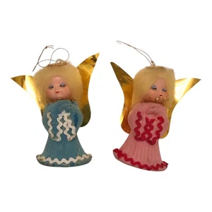VINTAGE ANGEL ORNAMENTS - 2 Blow Mold Mini 4โ MCM 1950 Gold Foil Wing Christmas - Picture 1 of 4