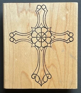 Large Intricate Detail Cross Outline Sign Symbol Eureka Wood Rubber Stamp - Picture 1 of 4