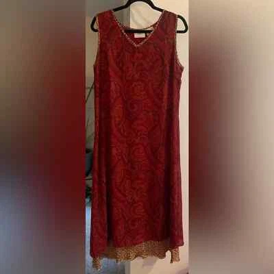 Maxi Vestido Vintage Studio Ease Estampado Paisley V Sin Mangas Grande Rojo Borde Leopardo Foto 1 de 4