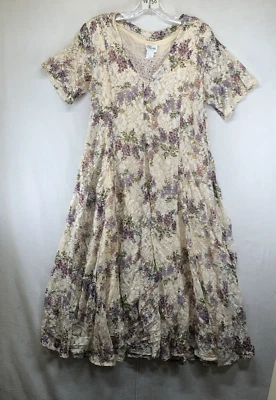 VTG 90s Rayon Blend Floral Button Midi Dress PS Sheer Sages Purples Cream EUC - Image 1 of 4