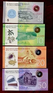 4 Nicaragua 5, 10, 20, 50 Cordobas UNC POLYMER Banknotes 2014-2019 FREE SHIPPING - Picture 1 of 2