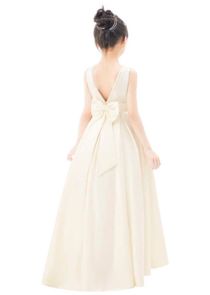 V-образная спина атласный трапециевидный цветок девочка платье с жемчугом бисером отделки принцессы платья - Изображение 1 из 1