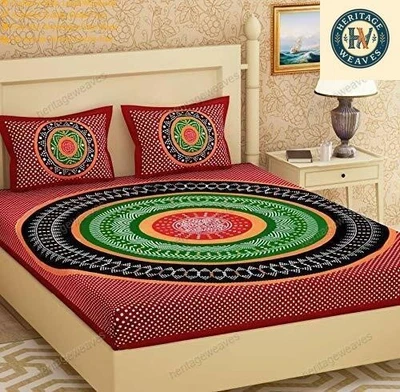 Sanganeri 100 % Cotton Double Bed Sheet 2 Pillow Cover 90x108 KING Zig Zag Foto 1 de 4