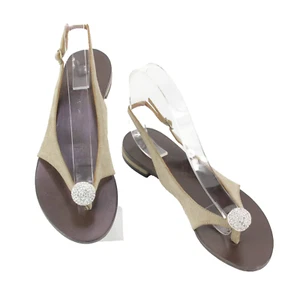 BP Zone Sz 37 Taupe Brown Rhinestone Toe Bauble Low Suede Leather Sandal - Picture 1 of 10