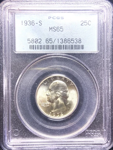 1936-S Washington Quarter PCGS MS65 OGH Cover