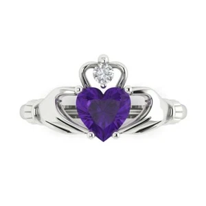 1.55ct Irish Celtic Claddagh Real Amethyst Classic Statement Ring 14k White Gold - Picture 1 of 11