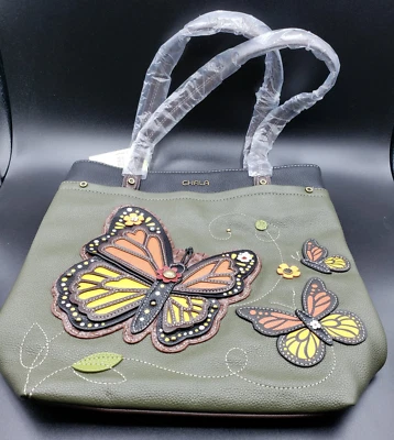 Chala "MONARCH🦋BUTTERFLY" Olive Green Deluxe Tote Bag Vegan❤ Faux Leather - New - Image 1 of 4