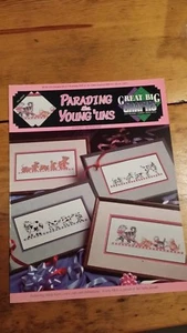 PARADING THE YOUNG UNS CAT DOG BEAR COW CROSS STITCH PATTERN FREE SHIPPING - Picture 1 of 2