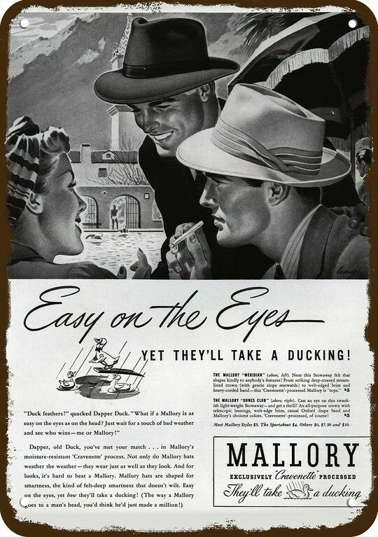 1941 Mallory Meridian & Dune's Club sombrero de hombre aspecto vintage réplica letrero de metal Foto 1 de 1