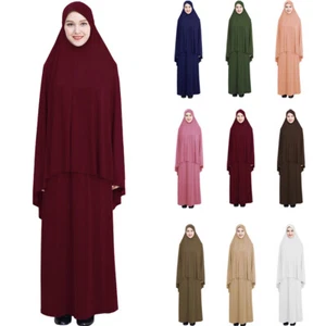 2PCS Muslim Women Prayer Dress Khimar Abaya Set Islam Kaftan Burqa Robe Ramadan - Picture 1 of 32