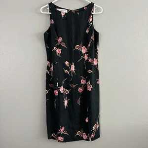 Jones New York 100% Linen Boat Neck Sheath Dress Size 6 Black Pink Floral Roses - Picture 1 of 8