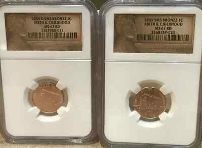 2009 & 2009 D 1c SMS BRONZE BIRTH & CHILDHOOD NGC MS67 RD LINCOLN LABEL SET OF 2 - Image 1 of 3