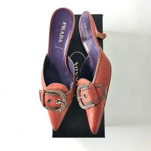 Prada Retro Vintage Buckle Embellished Kitten Heel Pointed Toe Mules Pumps 38 - Picture 1 of 12
