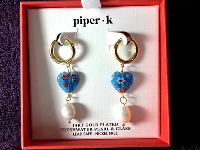 NUEVO EN CAJA Pendientes Piper K - Chapados en Oro 14K Perla de Agua Dulce Corazón Sin Níquel Foto 1 de 4
