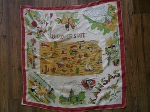 Vintage SOUVENIR Of KANSAS The Sunflower State LANDMARKS MAP Silk SCARF - 1960's - Picture 1 of 3