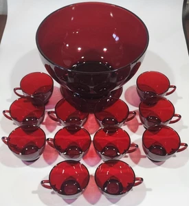 Vintage Anchor Hocking Ruby Red Punch Bowl Base 12 Cups - Picture 1 of 19