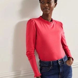 BODEN pink Supersoft Frill ruffle Detail long sleeve cotton TopSz 8/medium - Picture 1 of 7