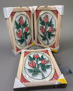 Vintage Stained Glass Window Pane Sun Catcher ROSES WITH WOOD FRAME Set Of 3 - Picture 1 of 13