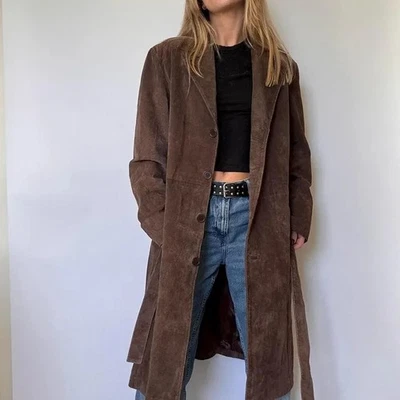 Mujeres Marrón Vintage Gamuza Abrigo Largo Años 70 Estilo Cinturón Trinchera Retro Boho Prendas de abrigo Foto 1 de 4