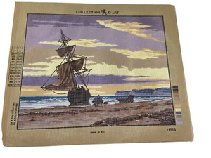 Gobelin Needlepoint Tapestry Canvas Ship On The Shore 19in By 14in Rome 10 Count - Picture 1 of 5