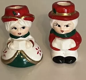 PORTACANDELE VINTAGE RAGAZZA & RAGAZZO CAROLER NATALE - Foto 1 di 5