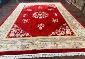 Chinese Wool Rug 8.6 x 11, Red & Beige Asian Oriental Carpet, Vintage Handmade - Picture 1 of 12