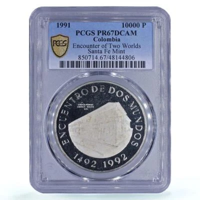 Colombia 10000 pesos Two World Encounter Santa Fe Bogota PR67 PCGS Ag coin 1991 - Image 1 of 2