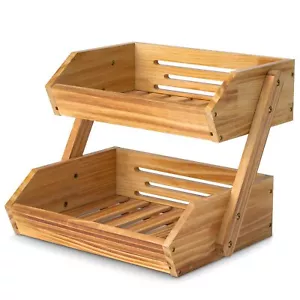 Fruit Basket For Kitchen, Bread Vegetable Fruit Basket Bowl 2 Tier Wooden - Picture 1 of 7