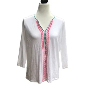 BODEN WHITE V-NECK TOP T-SHIRT TUNIC BLOUSE EMBROIDERY BOHO US WOMEN’S SIZE 10 - Picture 1 of 6