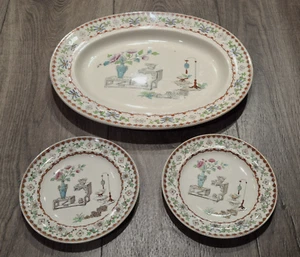 Antikes 3er Set Copeland CANTON polychrom 13" ovale Platte & Paar 6" Teller - Bild 1 von 24