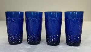Avon Royal Shapphire Glasses Cobalt Blue Arcoroc France Set/4 Vtg Diamond & Leaf - Picture 1 of 9