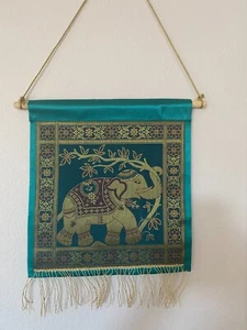 Wall Decor Small Wall Hanging Silk Tapestry Elephant Red Green Decor Blue Gift - Picture 1 of 17