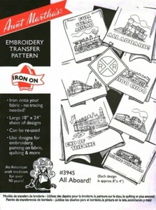 3945 Aunt Martha Embroidery Hot Iron Transfer All Aboard Railroad Trains UNCUT - Picture 1 of 1