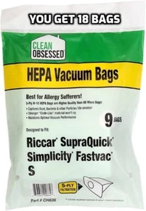 Riccar SupraQuik / Simplicity Fastvac Type S 6 Sacchetti Sottovuoto Panno Hepa Confezione da 18 - Foto 1 di 2