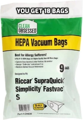 Riccar SupraQuik / Simplicity Fastvac Type S 6 Hepa Cloth Vacuum Bags 18 Pack - Image 1 of 2