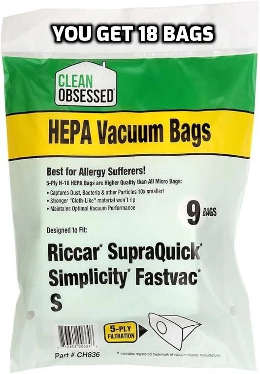 Riccar SupraQuik / Simplicity Fastvac Type S 6 Hepa Cloth Vacuum Bags 18 Pack - Image 1 of 2