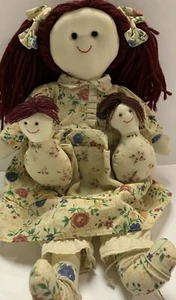 Vintage Handmade Mother W/ Twins RagDoll Red Yarn Hair Floral Dress 14” Unique - Picture 1 of 5
